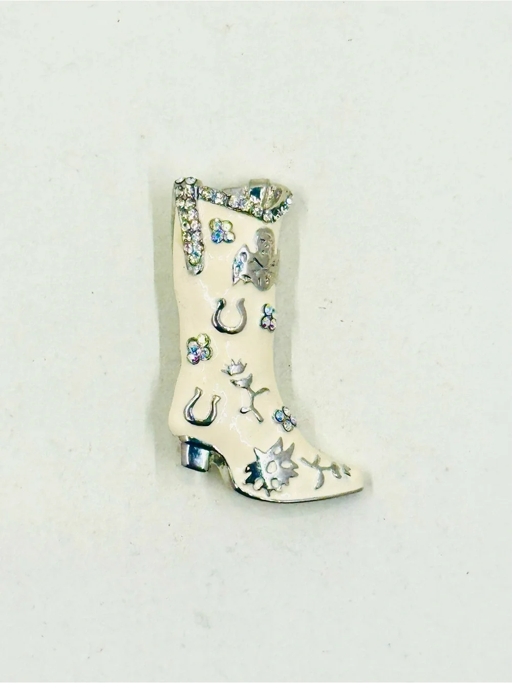 Silver Tone Cream Enamel Western Cowboy Boot Brooch with Rhinestones